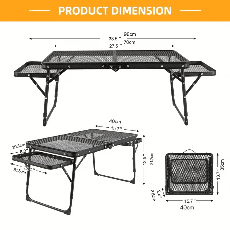 SROEDTY 40 Inch Folding Metal BBQ Grill Table, Adjustable Height Outdoor Cooking Table with 2 Side Tables, Lightweight Portable Design for Camping, Picnic and Backyard Barbecue