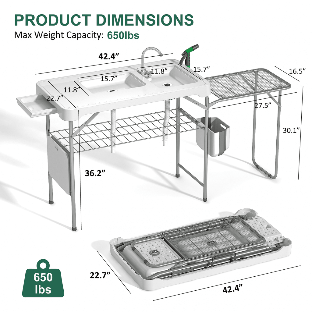 EVOKEDEN 42.5 Fish Cleaning Table w/ Sink, Folding Camping Table & Fish Cleaning Station w/ Measure Mark
