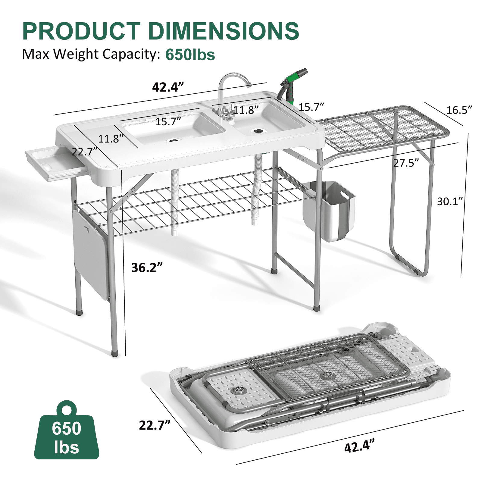 EVOKEDEN 42.5 Fish Cleaning Table w/ Sink, Folding Camping Table & Fish Cleaning Station w/ Measure Mark