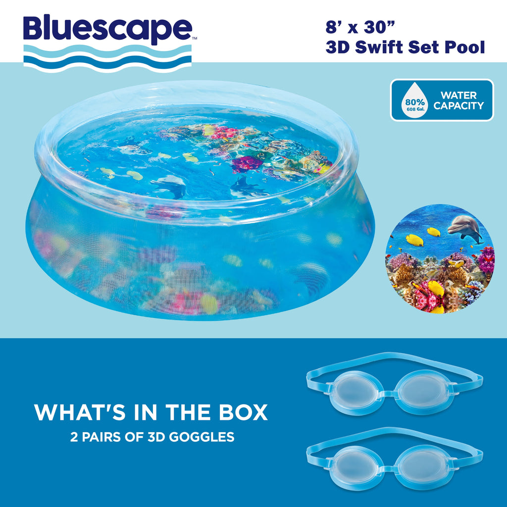 Bluescape 8 ft Transparent 3D Above Ground Pool with Goggles, Round, Ages 6+