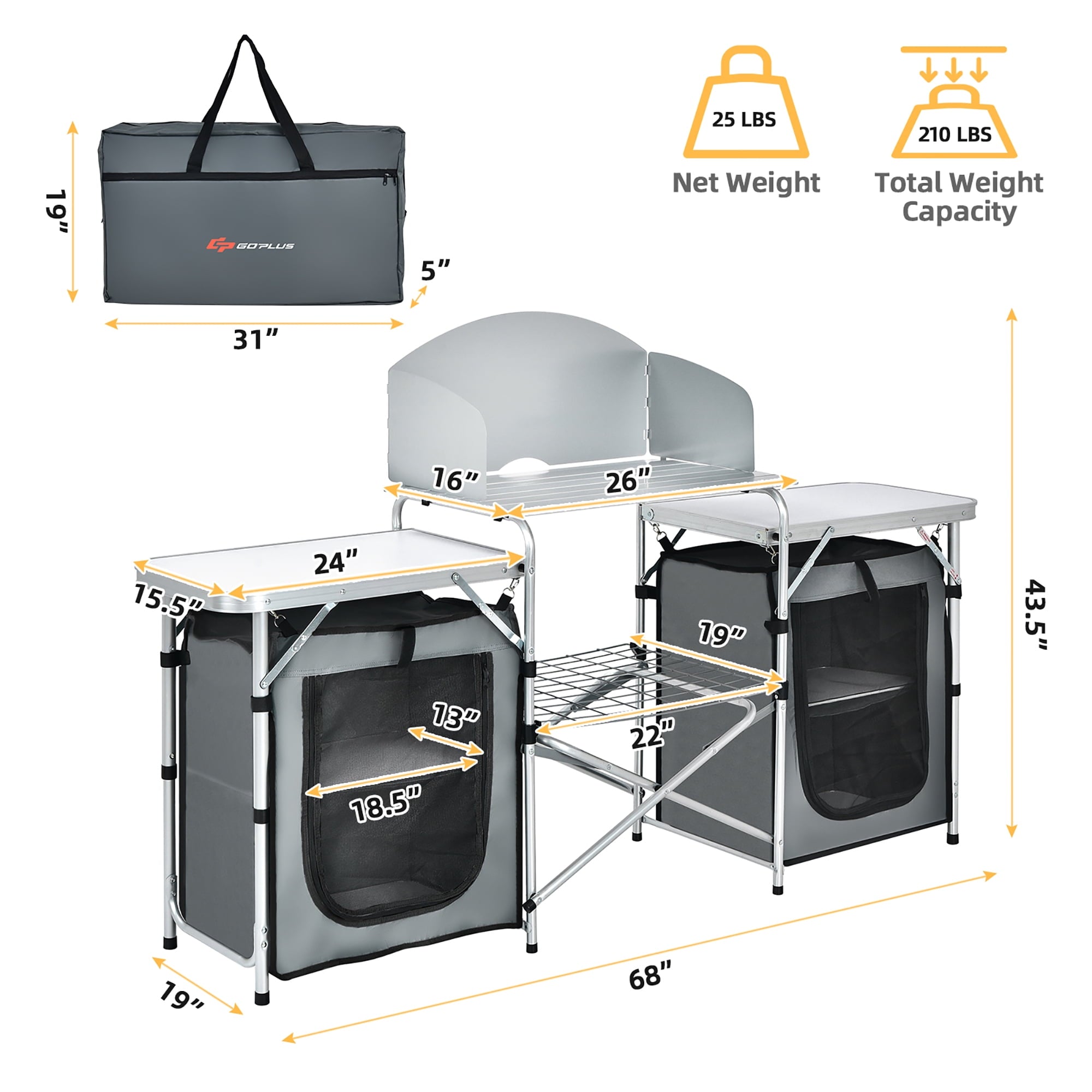 Costway Folding Portable Aluminum Camping Grill Table w/ Storage Organizer Windscreen Grey