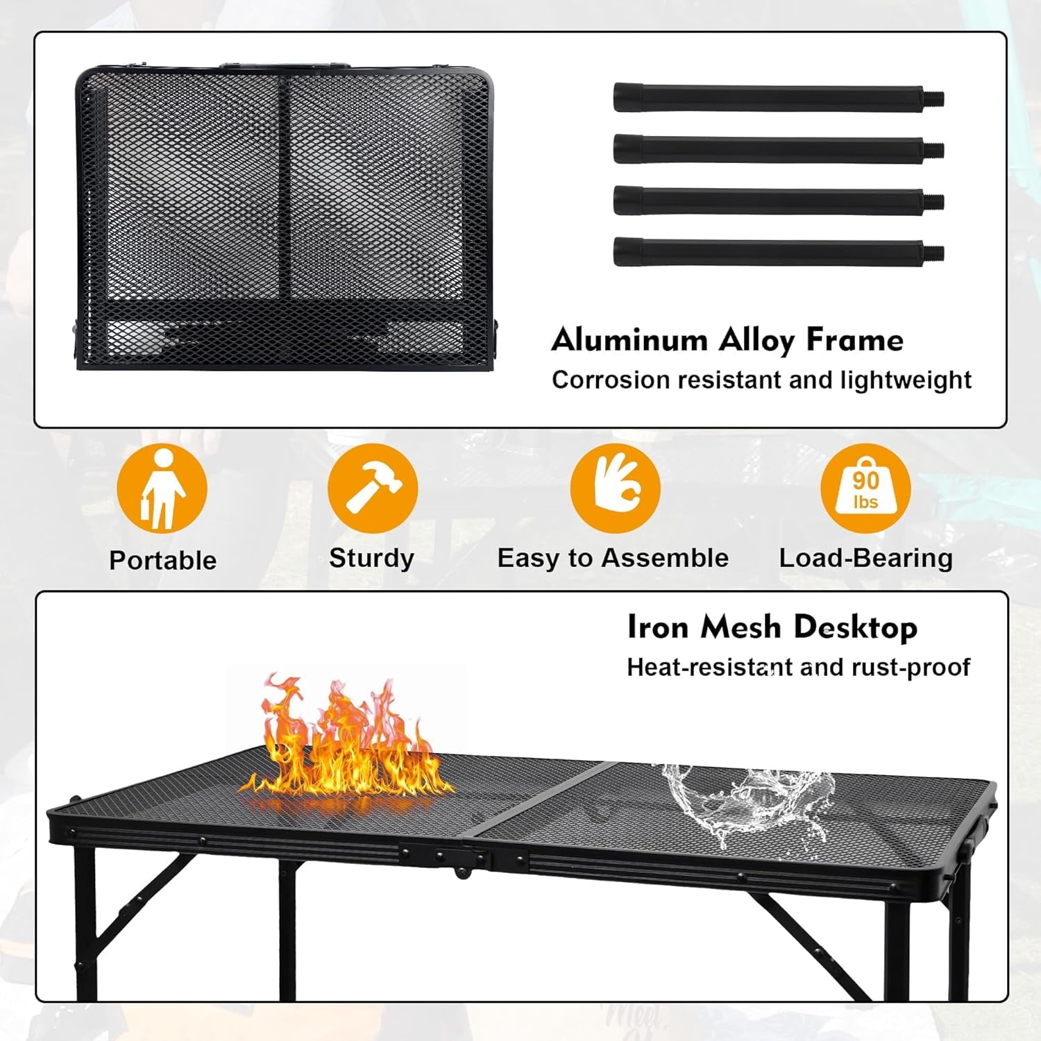 3FT Camping Folding Table with Adjustable Height(16.5/26), Black Metal Mesh Table with Carry Handle, Lightweight Portable Folding Grill Table for Camping Tailgating BBQ Picnic Indoor, up to 66 lbs