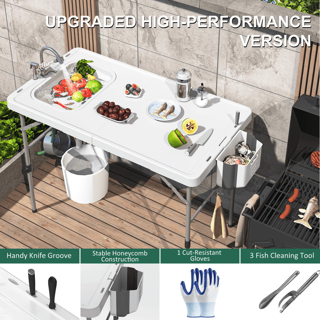 EVOKEDEN 42.5 Fish Cleaning Table w/ Sink, Folding Camping Table & Fish Cleaning Station w/ Measure Mark