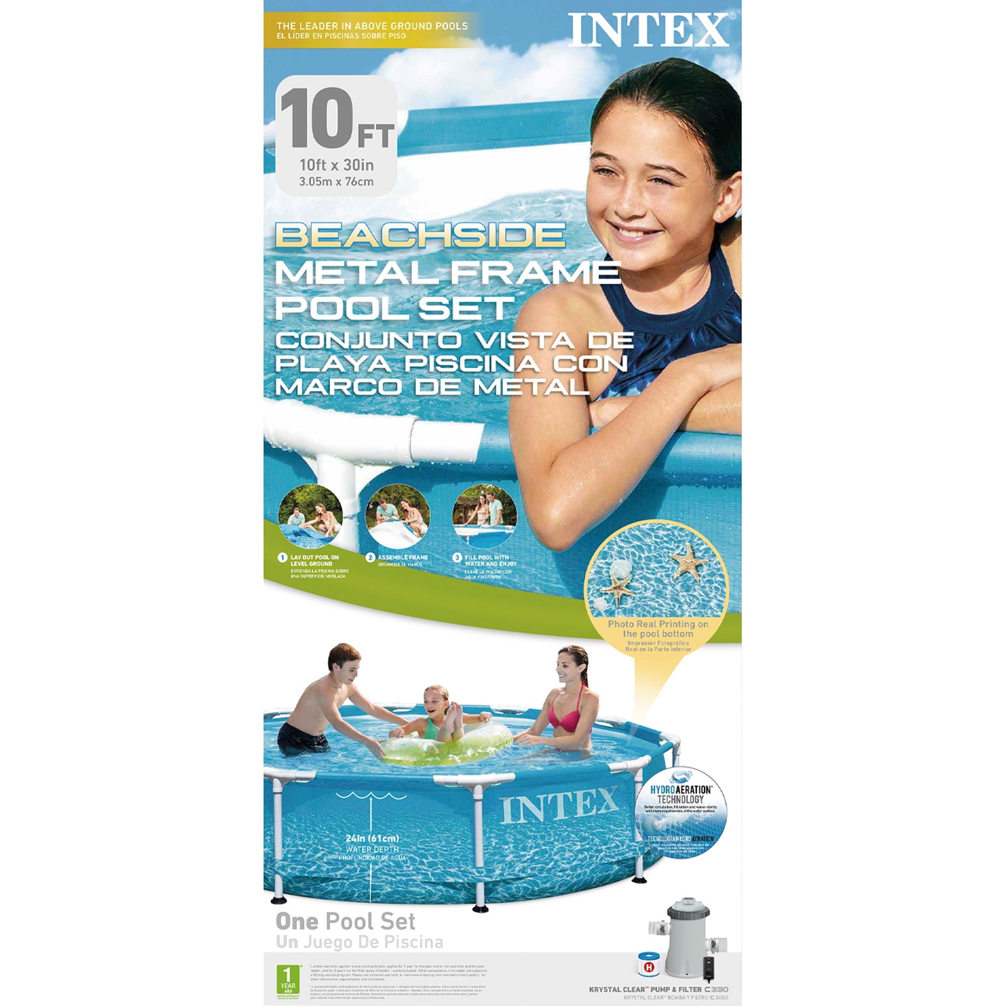 Intex: Beachside Metal Frame Pool - 10' x 30 - Above Ground Swimming, Puncture-Rust Resistant, T-Joint Setup, Family Water Play, 1185 Gal, 28206EP