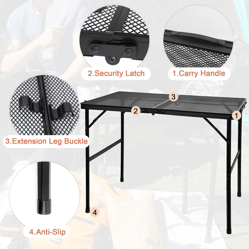 3FT Camping Folding Table with Adjustable Height(16.5/26), Black Metal Mesh Table with Carry Handle, Lightweight Portable Folding Grill Table for Camping Tailgating BBQ Picnic Indoor, up to 66 lbs
