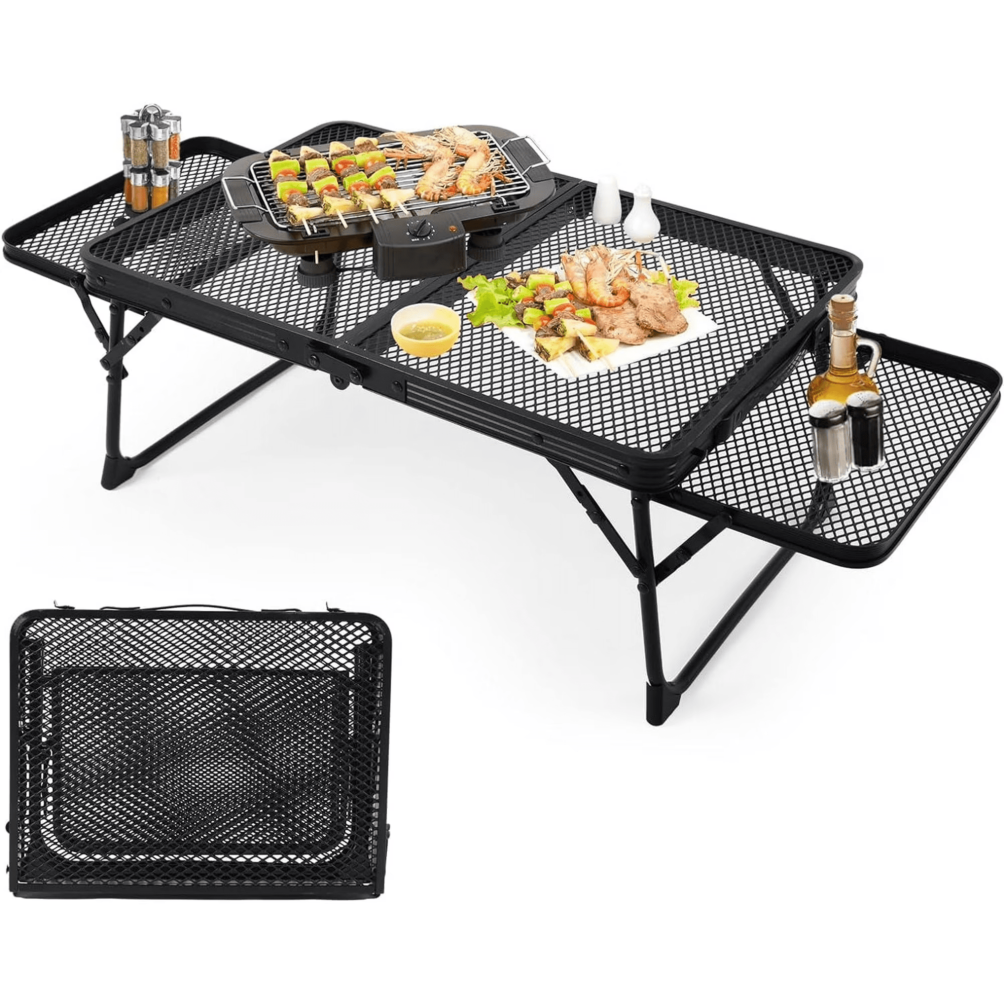 SROEDTY 40 Inch Folding Metal BBQ Grill Table, Adjustable Height Outdoor Cooking Table with 2 Side Tables, Lightweight Portable Design for Camping, Picnic and Backyard Barbecue
