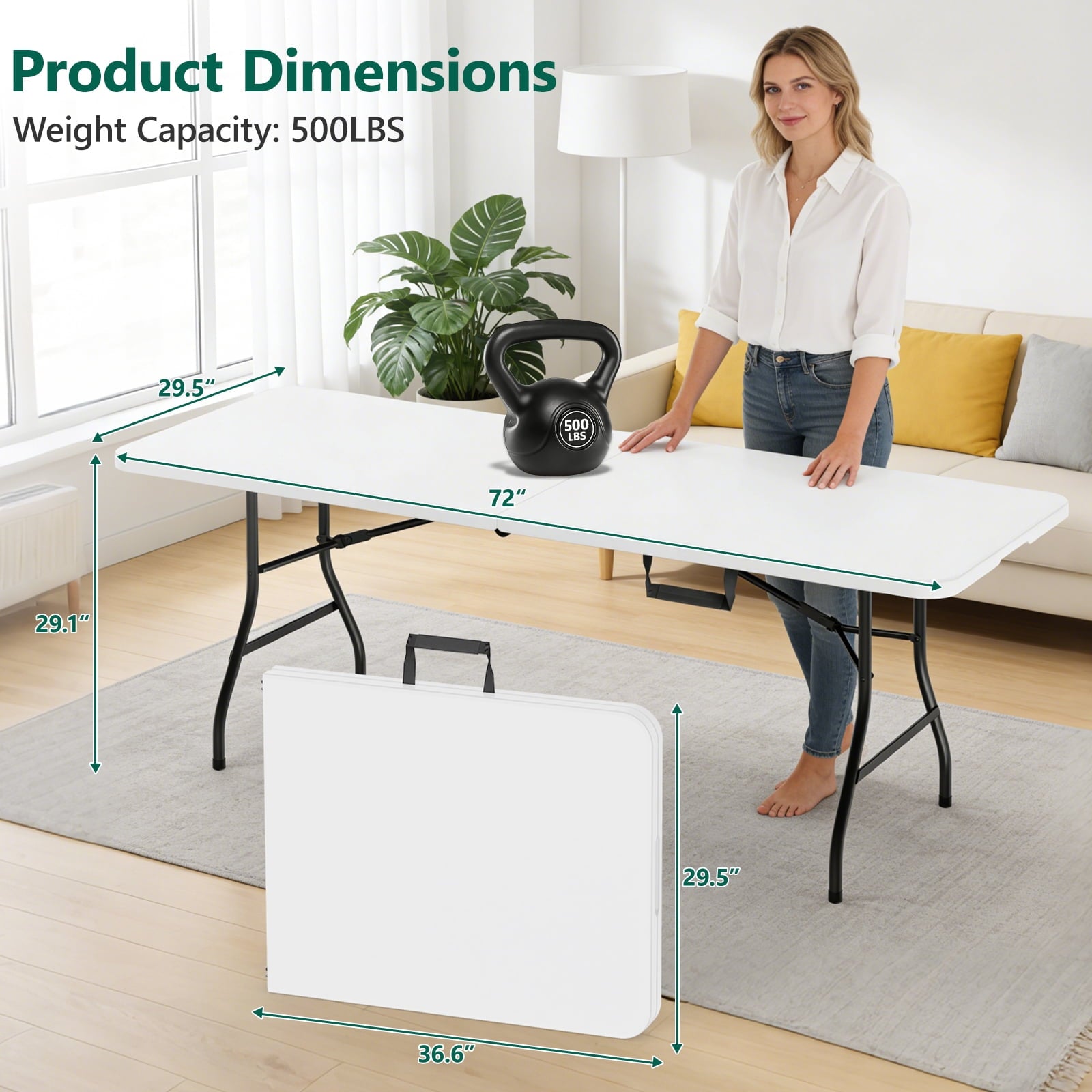 WASUHE Folding Table 4 FT Lightweight Table, Fold-in-Half Plastic Rectangular Table Metal Legs, Easy to Store, Perfect for Party, Dining, Wedding, Events, White