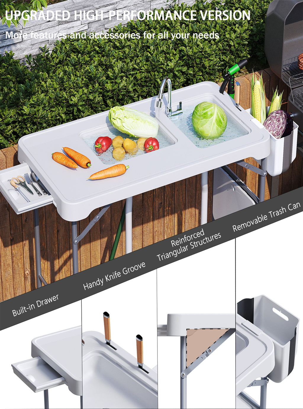 EVOKEDEN 42.5 Fish Cleaning Table w/ Sink, Folding Camping Table & Fish Cleaning Station w/ Measure Mark