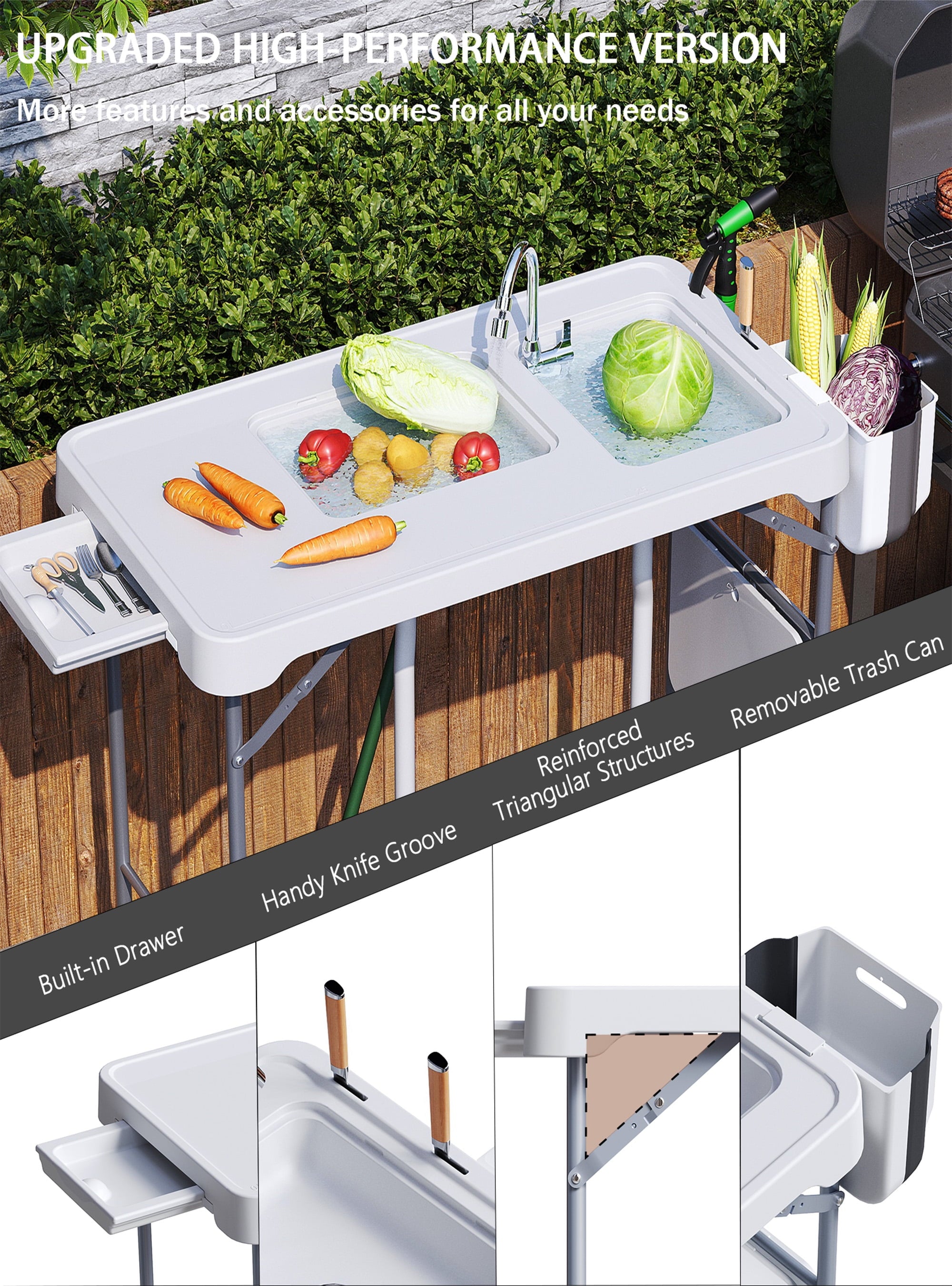 EVOKEDEN 42.5 Fish Cleaning Table w/ Sink, Folding Camping Table & Fish Cleaning Station w/ Measure Mark