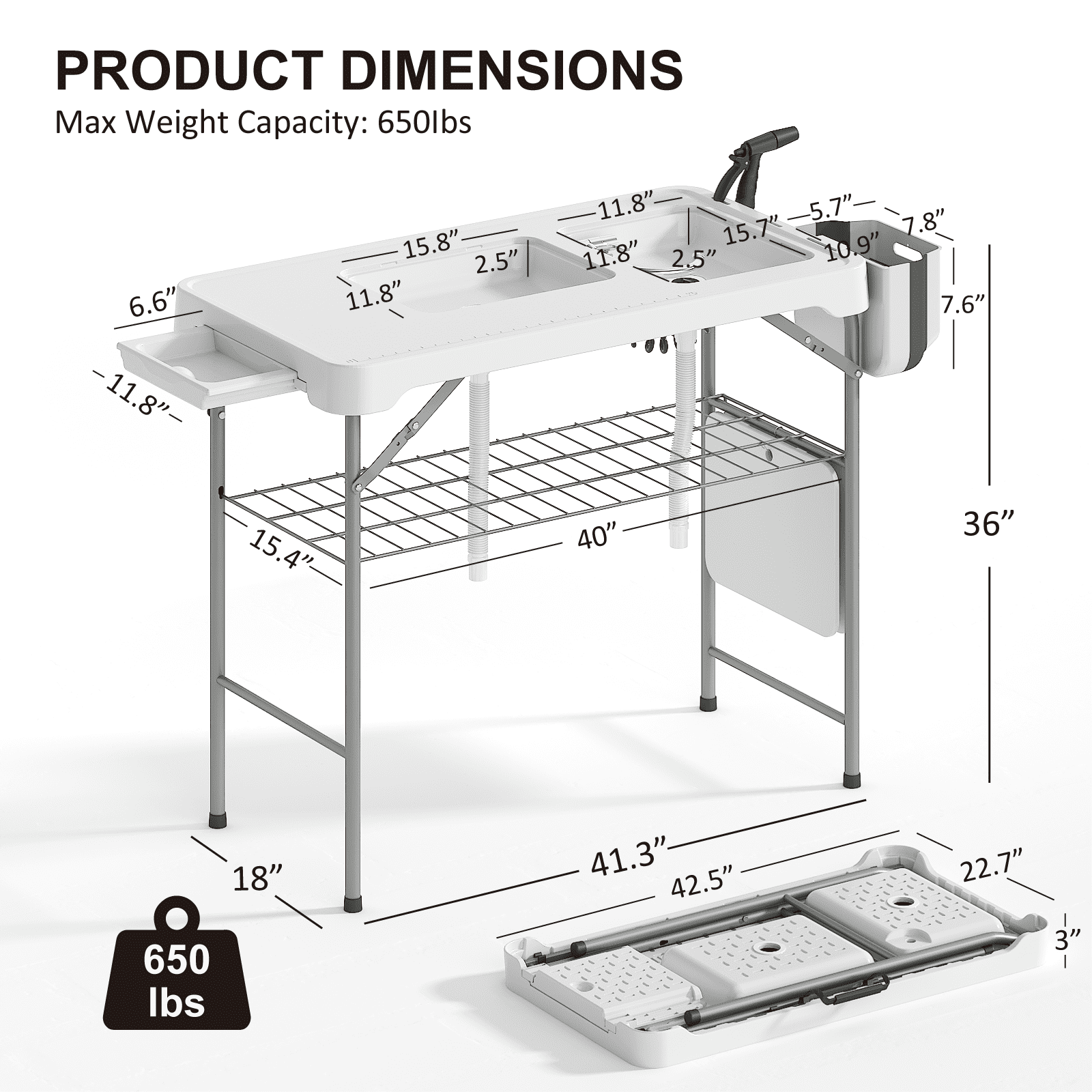 EVOKEDEN 42.5 Fish Cleaning Table w/ Sink, Folding Camping Table & Fish Cleaning Station w/ Measure Mark