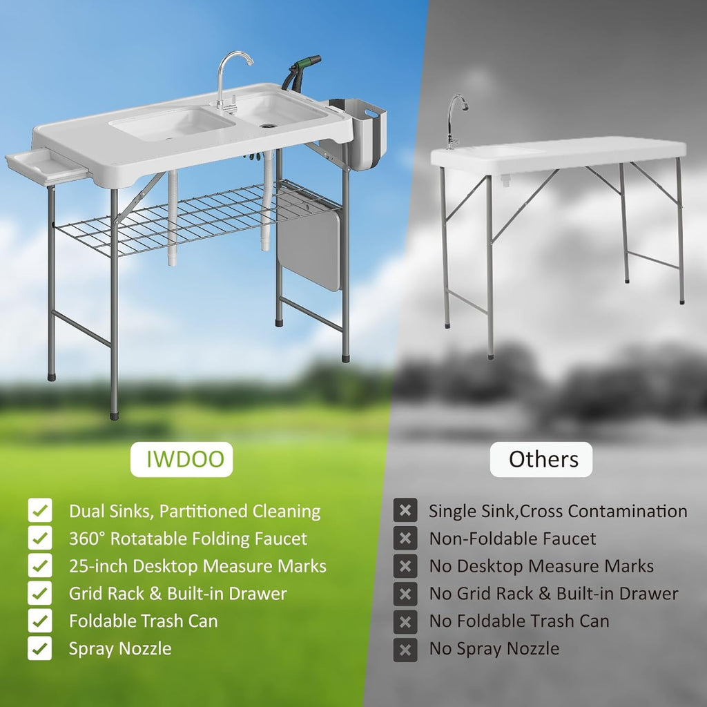 EVOKEDEN 42.5 Fish Cleaning Table w/ Sink, Folding Camping Table & Fish Cleaning Station w/ Measure Mark