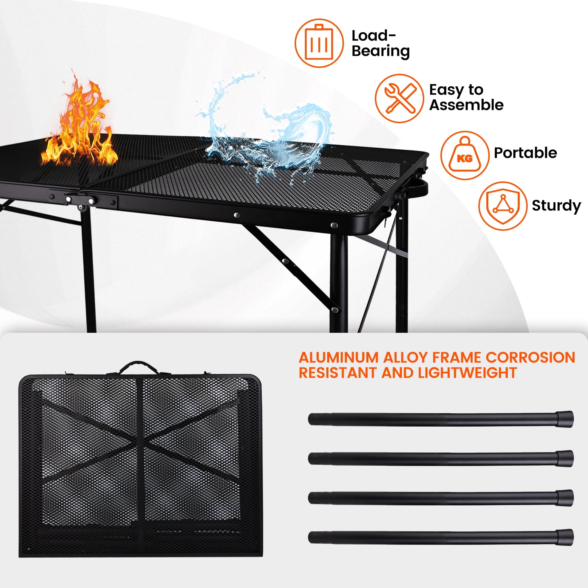 OHHANI Folding Grill Table, 3 ft Portable Outdoor Bbq Picnic Table, Easy Storage for Camping, Black