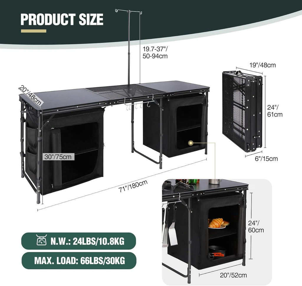 REDCAMP Extra Long Camping Kitchen Tri-Fold Table with Storage Organizer, Folding Camping Cook Station Grill Table Portable for Party Courtyard Picnic