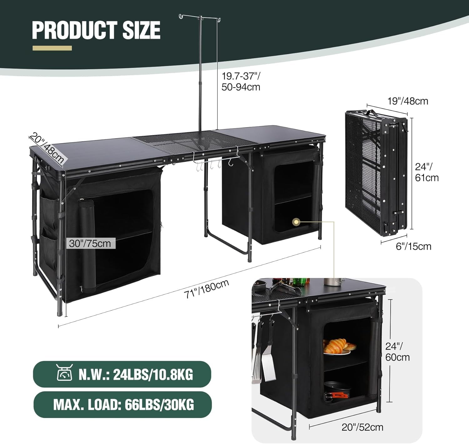 REDCAMP Extra Long Camping Kitchen Tri-Fold Table with Storage Organizer, Folding Camping Cook Station Grill Table Portable for Party Courtyard Picnic