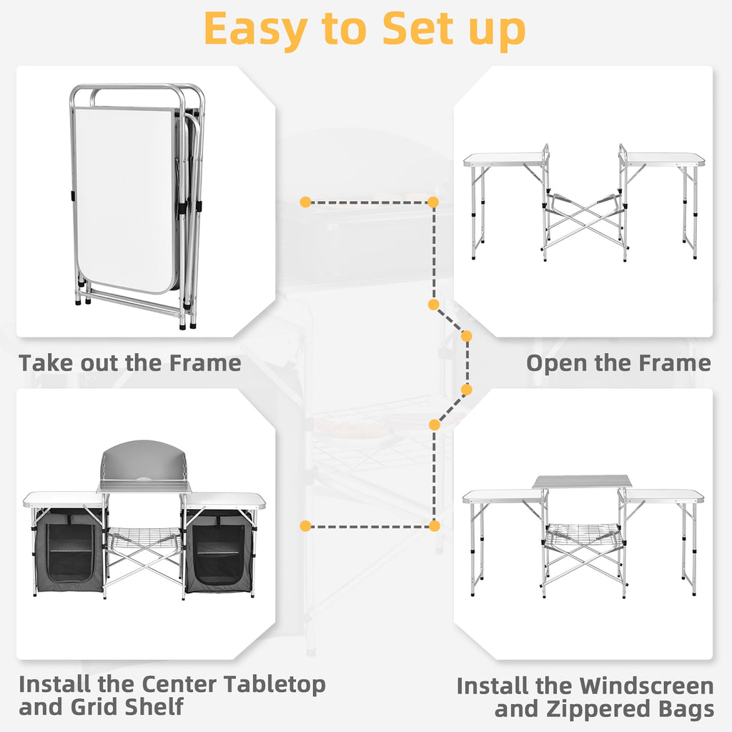 Costway Folding Portable Aluminum Camping Grill Table w/ Storage Organizer Windscreen Grey