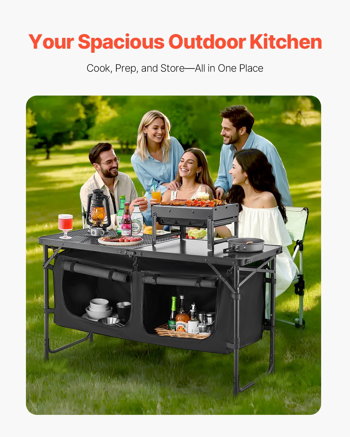 VEVOR Camping Kitchen Table, Quick set-up Folding Camping Table with A Carrying Bag, 3 Adjustable Heights, MDF Camping Table, Ideal for Outdoor Picnics, BBQs, Camping, RV Traveling