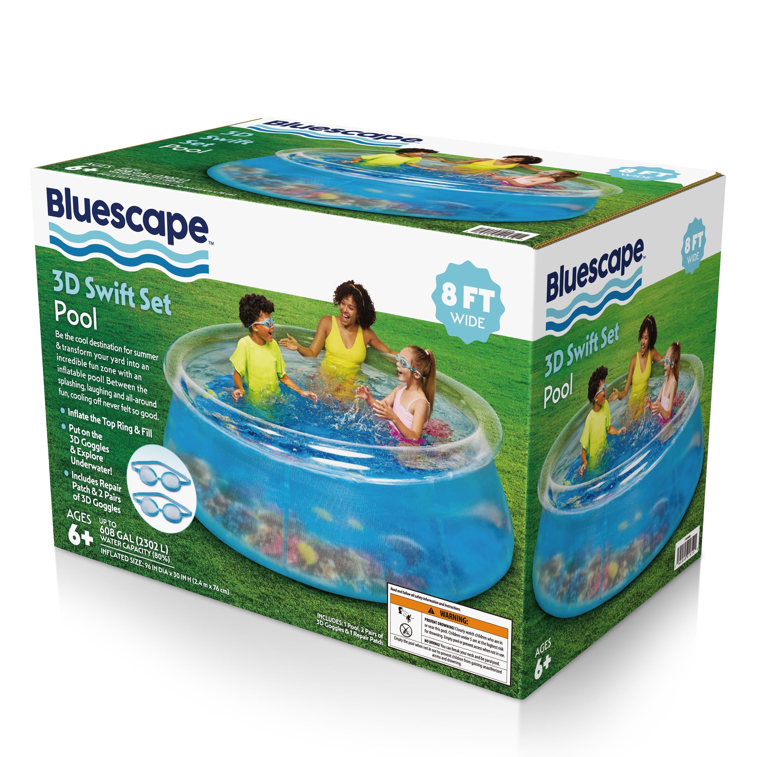 Bluescape 8 ft Transparent 3D Above Ground Pool with Goggles, Round, Ages 6+