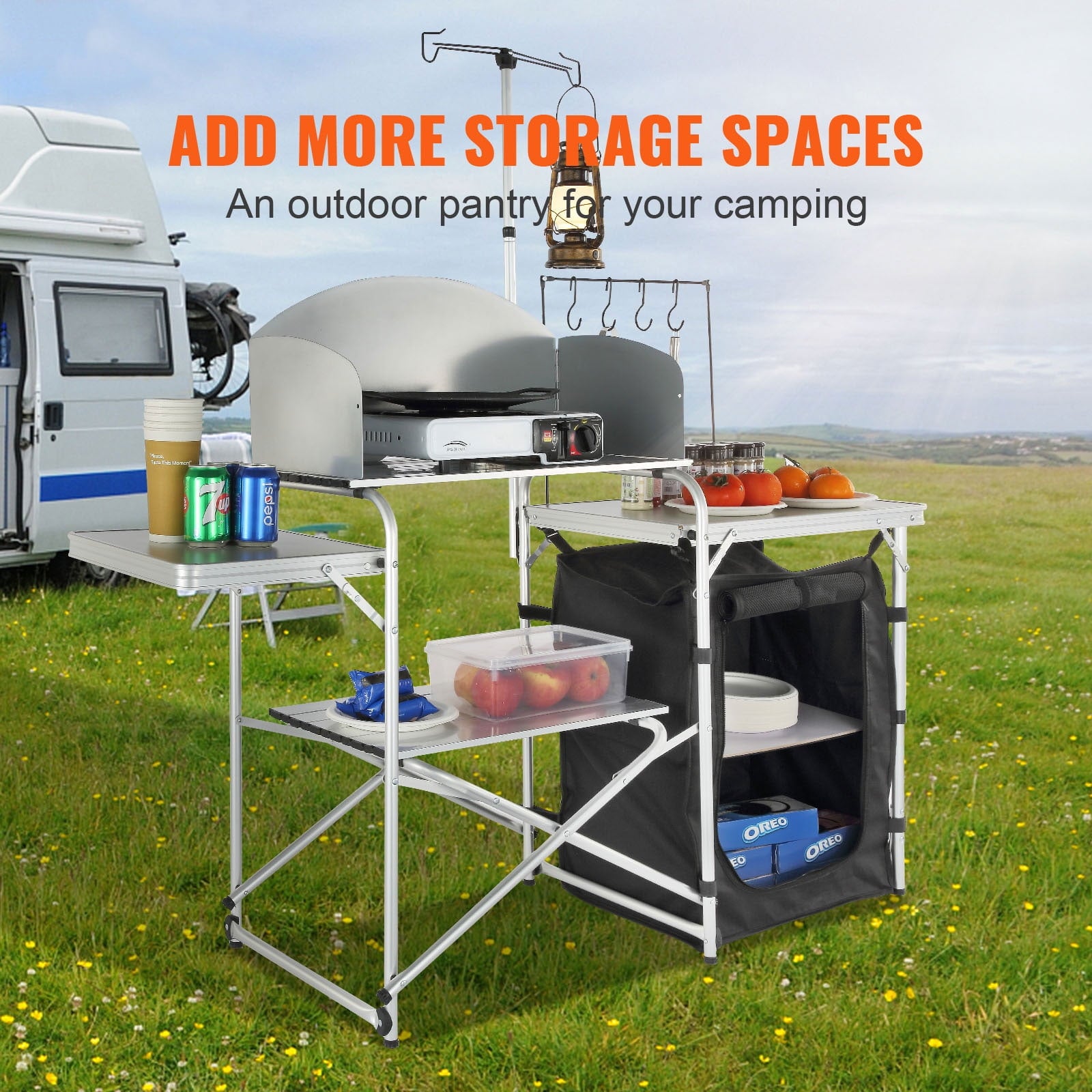 KFFKFF Portable Camp Kitchen, Collapsible Outdoor Chef Station with Storage Bag, Metal Prep Area, Single Cabinet & Removable Wind Guard, Easy Assembly for Camping, Barbecues, RV Trips, Black