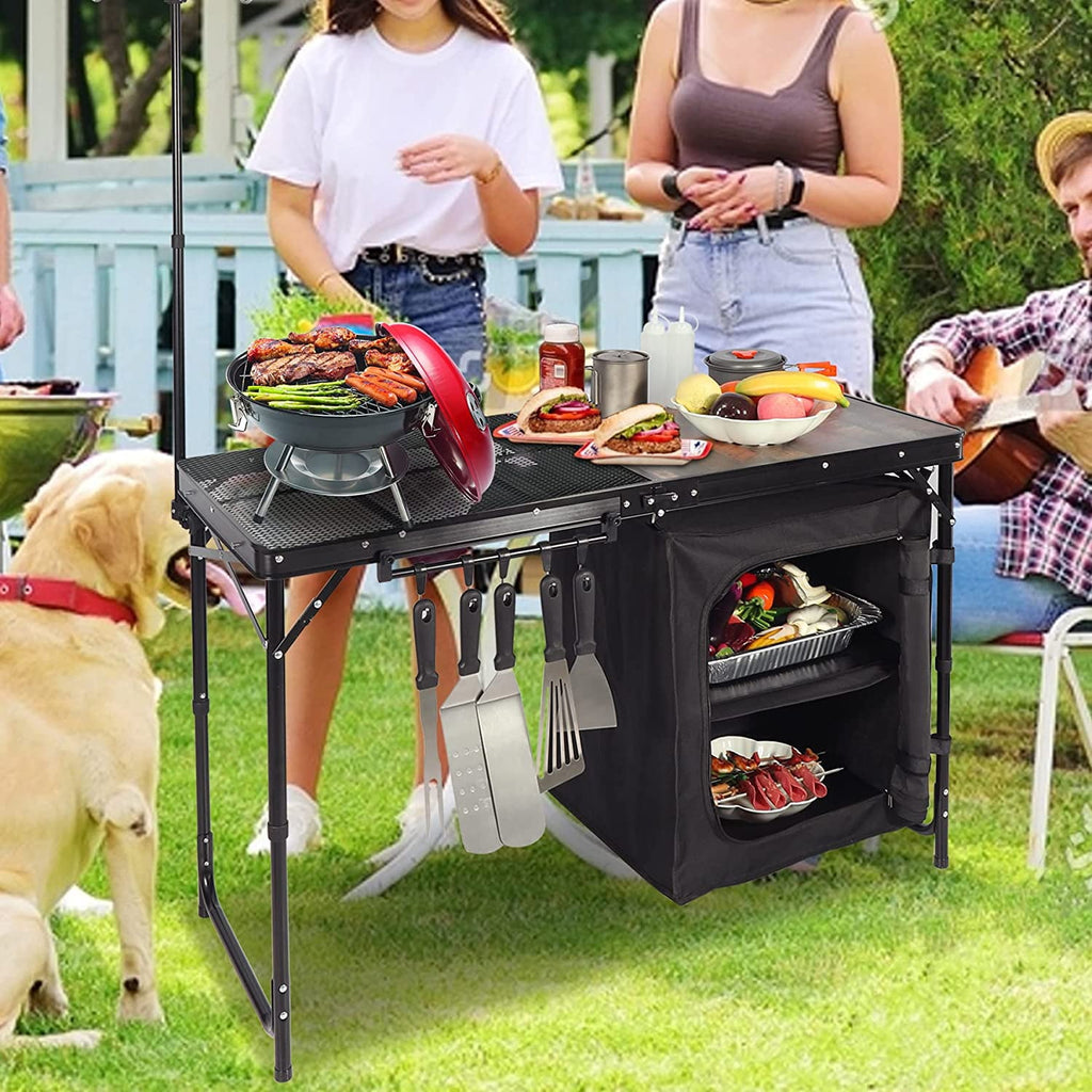 REDCAMP Extra Long Camping Kitchen Tri-Fold Table with Storage Organizer, Folding Camping Cook Station Grill Table Portable for Party Courtyard Picnic