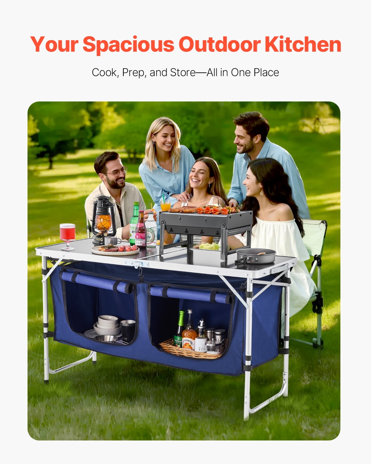 VEVOR Camping Kitchen Table, Quick set-up Folding Camping Table with A Carrying Bag, 3 Adjustable Heights, MDF Camping Table, Ideal for Outdoor Picnics, BBQs, Camping, RV Traveling