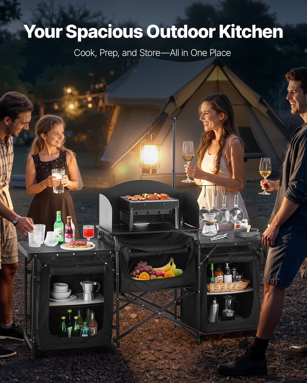 VEVOR Camping Kitchen Table, Quick set-up Folding Camping Table with A Carrying Bag, 3 Adjustable Heights, MDF Camping Table, Ideal for Outdoor Picnics, BBQs, Camping, RV Traveling
