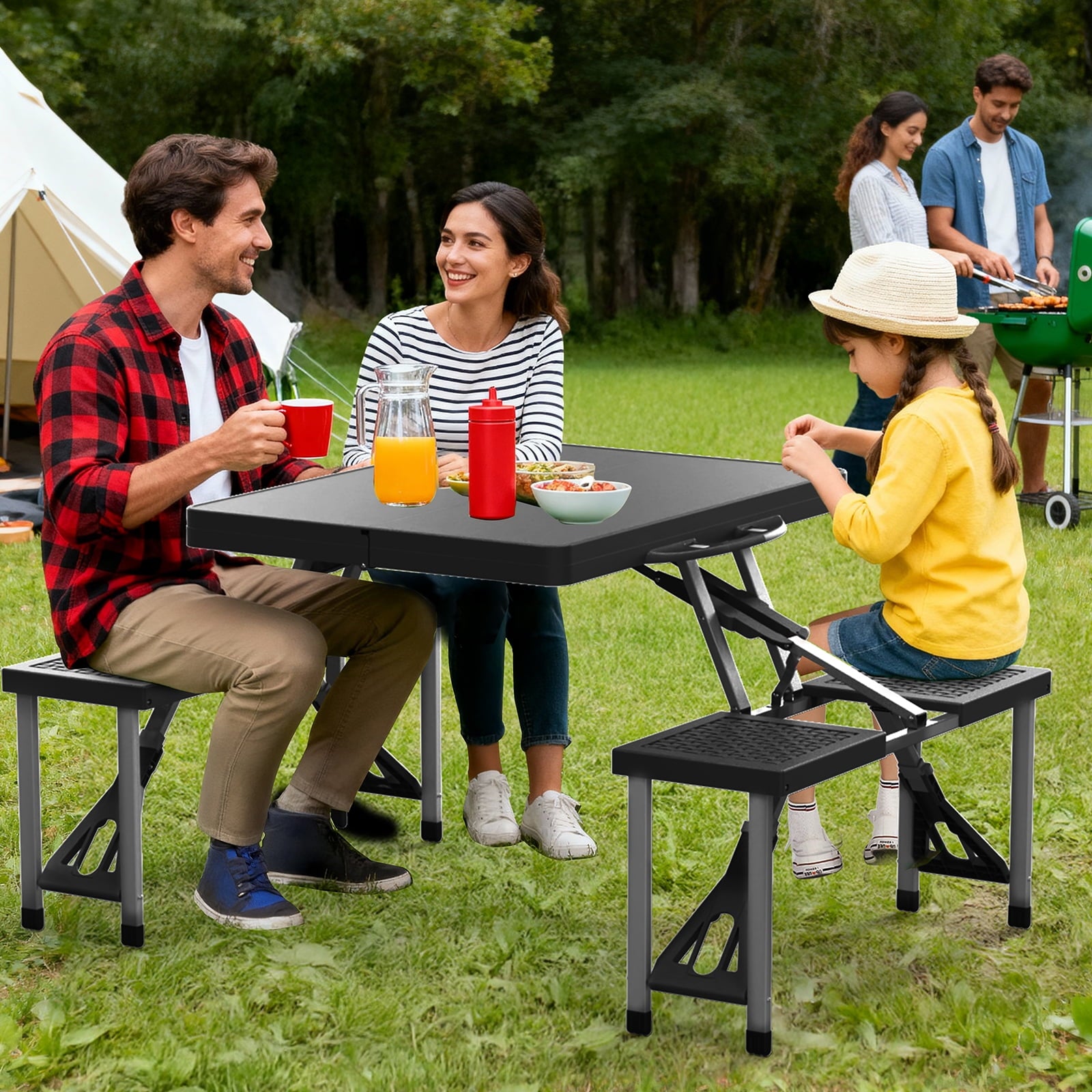 Ktaxon Portable Folding Picnic Table With 4-Person Chair Seats, Foldable Plastics Camping Table Set, Red