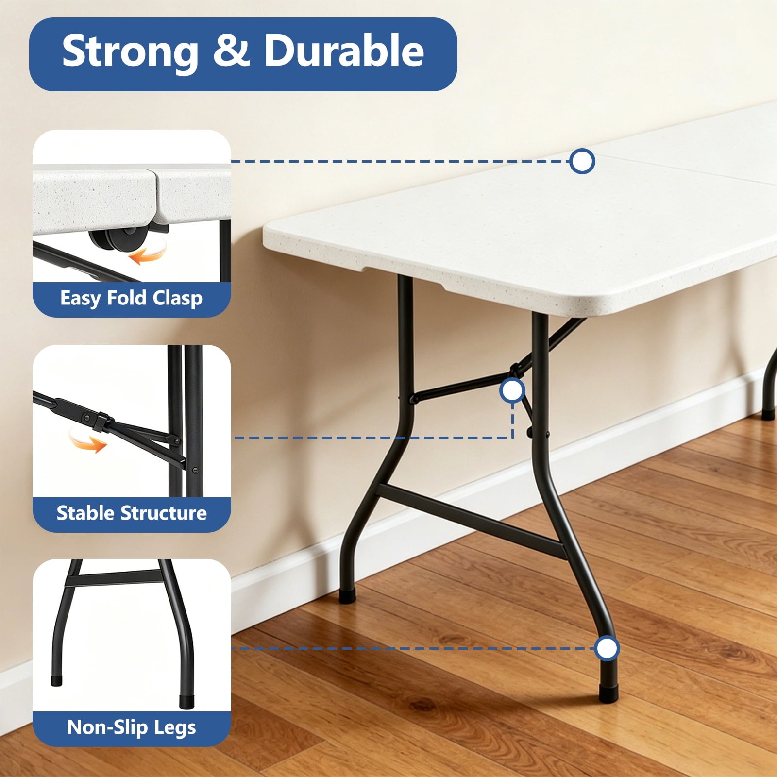 HaiCube 6FT Folding Table, Heavy Duty Portable Table, Waterproof HDPE, Foldable for Picnic, Party, Camping, Dining, BBQ, Indoor & Outdoor, White