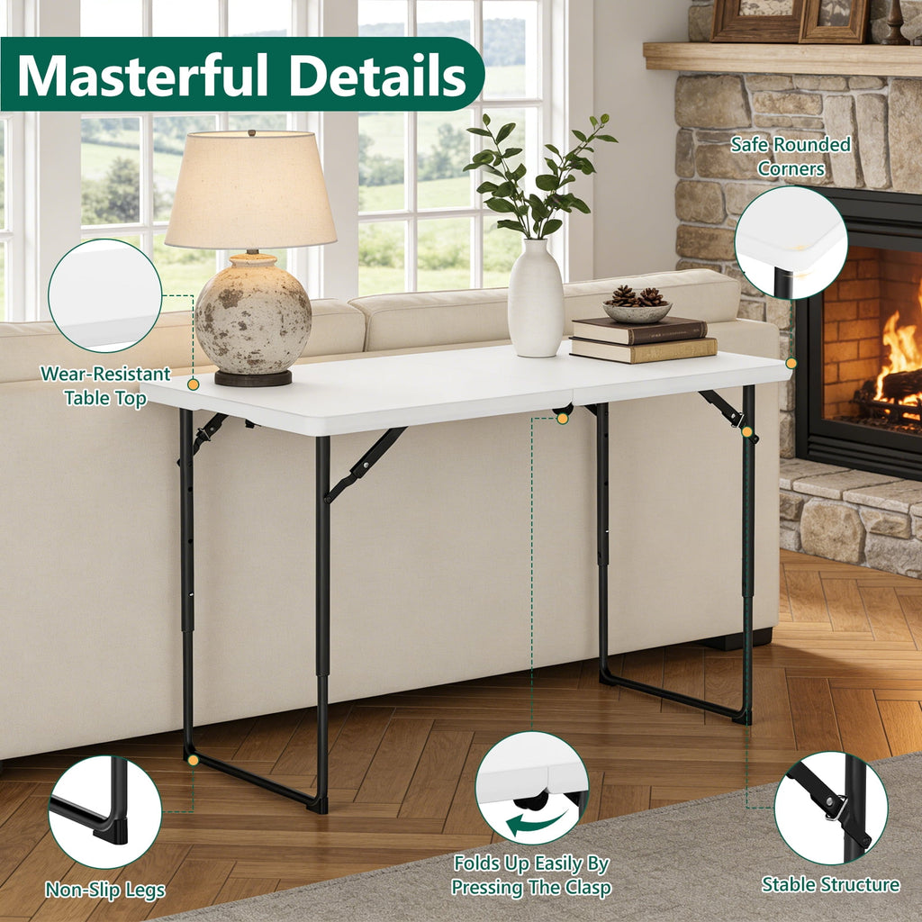 WASUHE Folding Table 4 FT Lightweight Table, Fold-in-Half Plastic Rectangular Table Metal Legs, Easy to Store, Perfect for Party, Dining, Wedding, Events, White