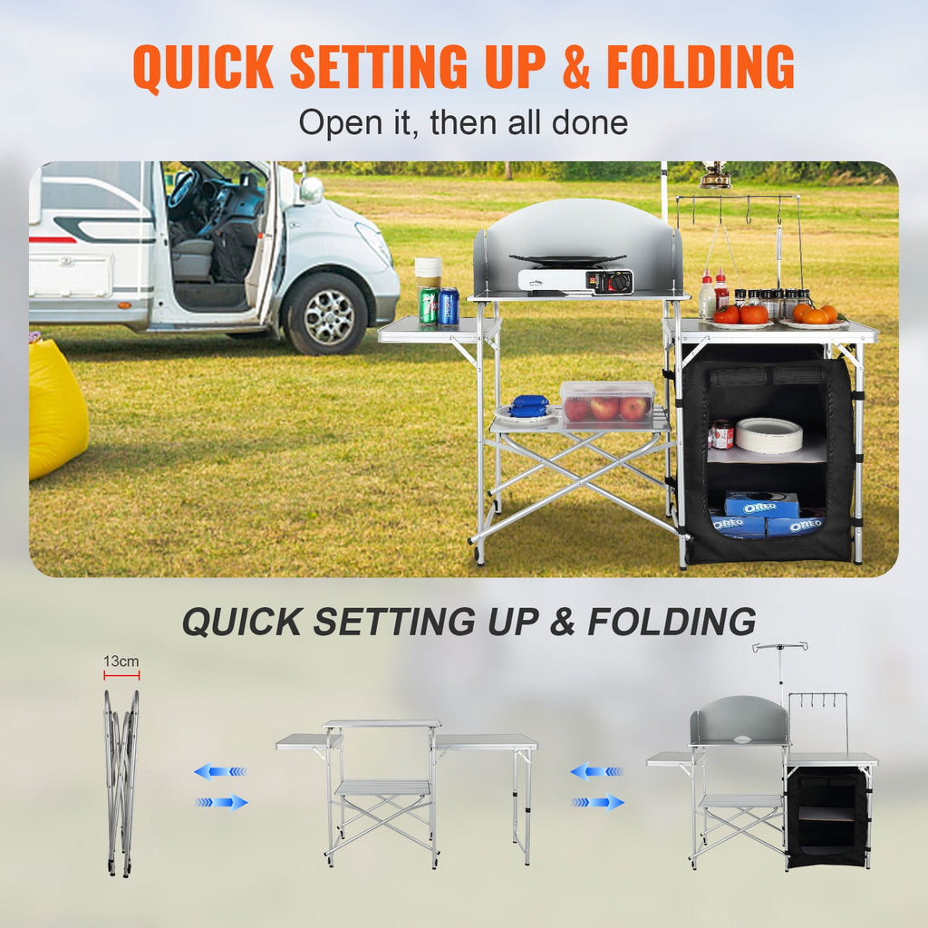 KFFKFF Portable Camp Kitchen, Collapsible Outdoor Chef Station with Storage Bag, Metal Prep Area, Single Cabinet & Removable Wind Guard, Easy Assembly for Camping, Barbecues, RV Trips, Black