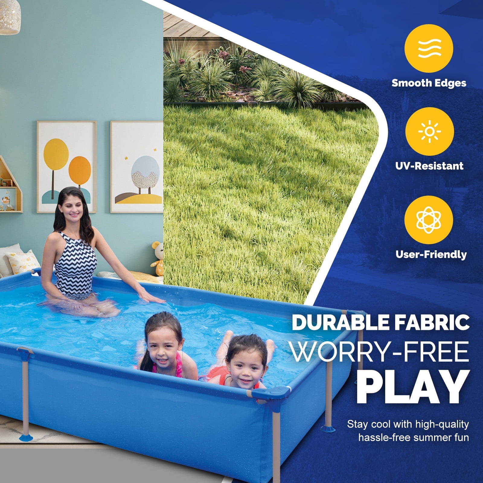 Honeydrill 6.2ft x 4.2ft x 16.5in Rectangular Metal Frame Above Ground Swimming Pool for Family, Blue