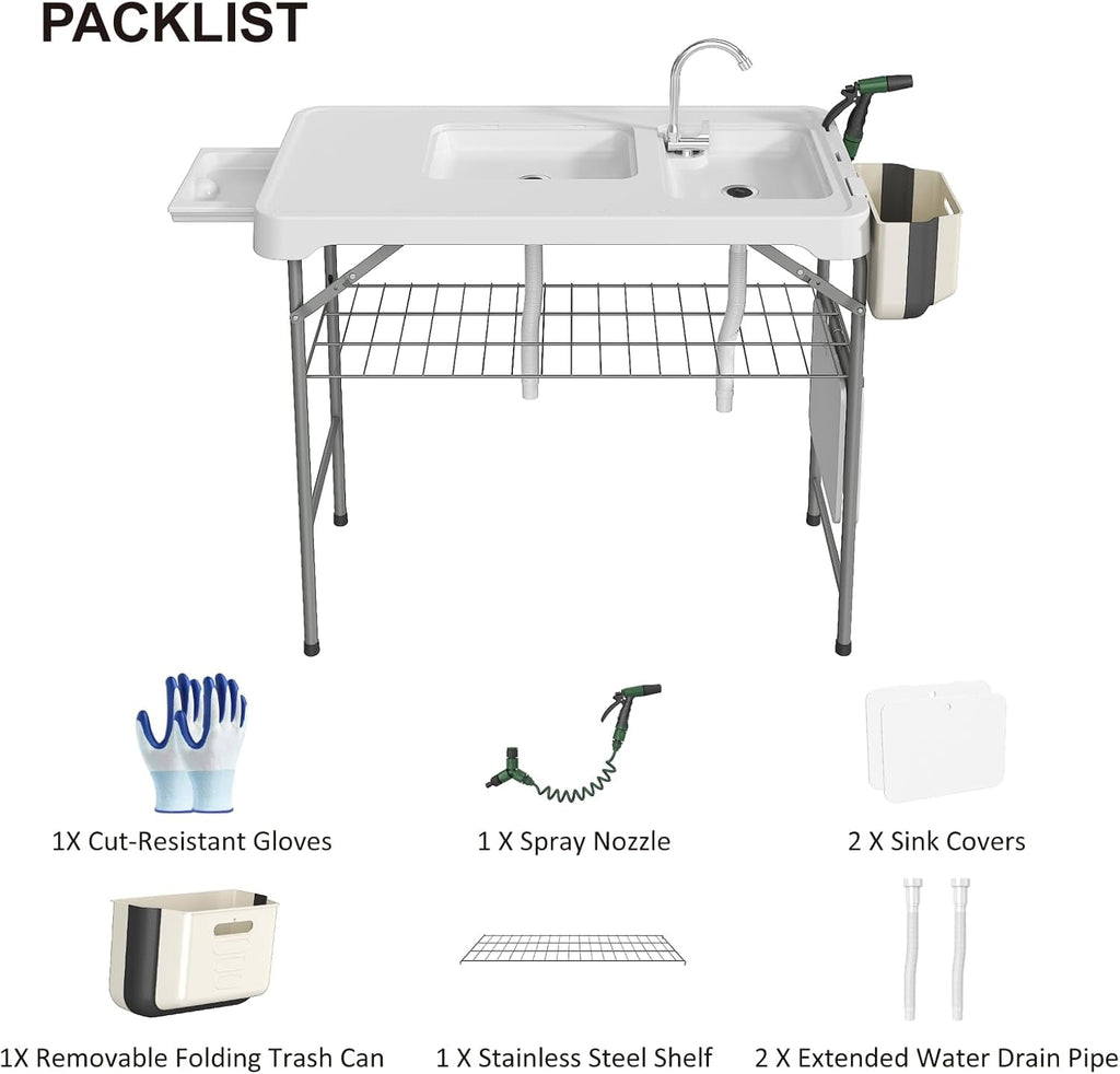 EVOKEDEN 42.5 Fish Cleaning Table w/ Sink, Folding Camping Table & Fish Cleaning Station w/ Measure Mark