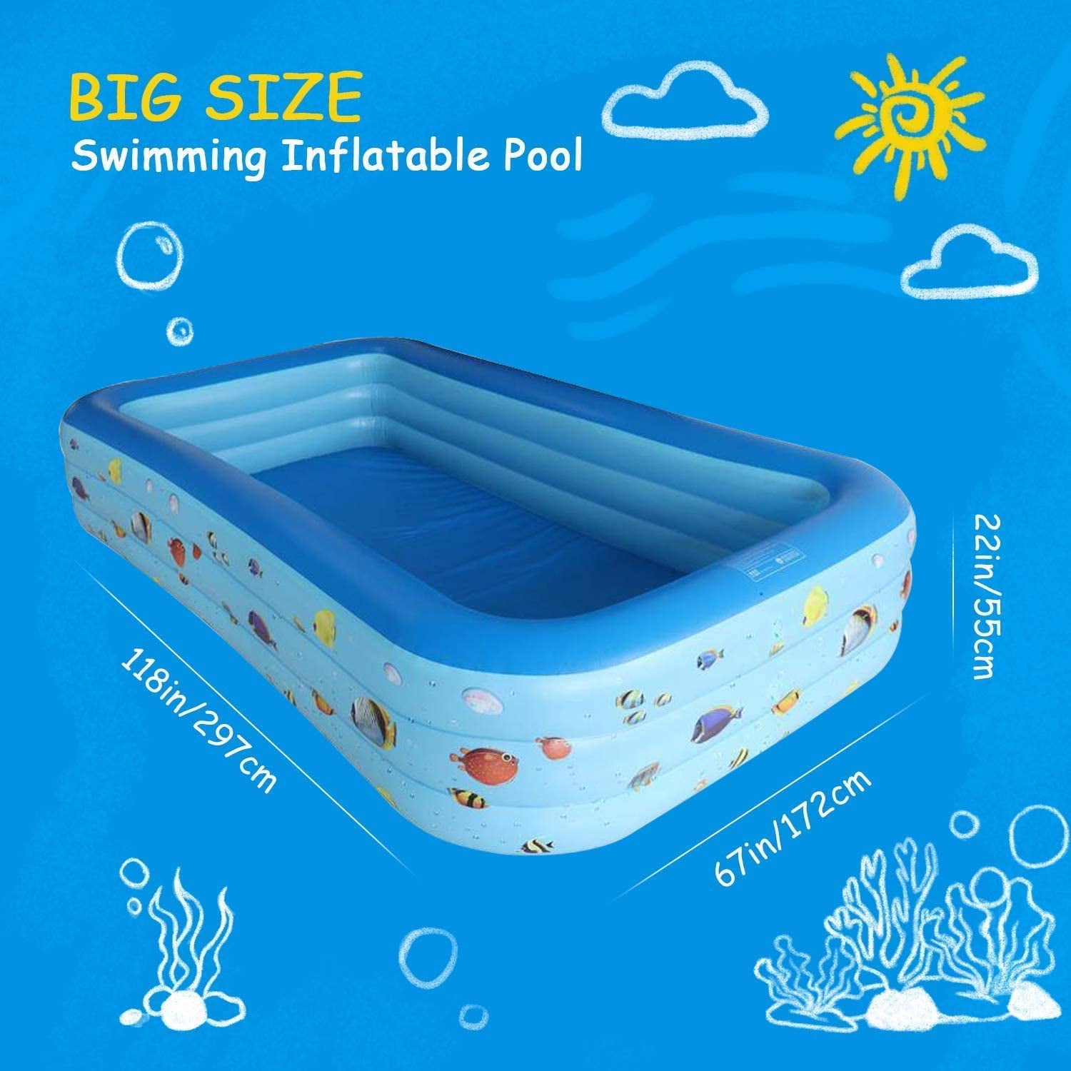 GVDV Inflatable Pool, Durable Thickened Blow up Kiddie Pool for Kids, Toddlers and Adults, BPA-Free Family Swimming Pool, 6.9 x 5 x 1.8 ft, Blue