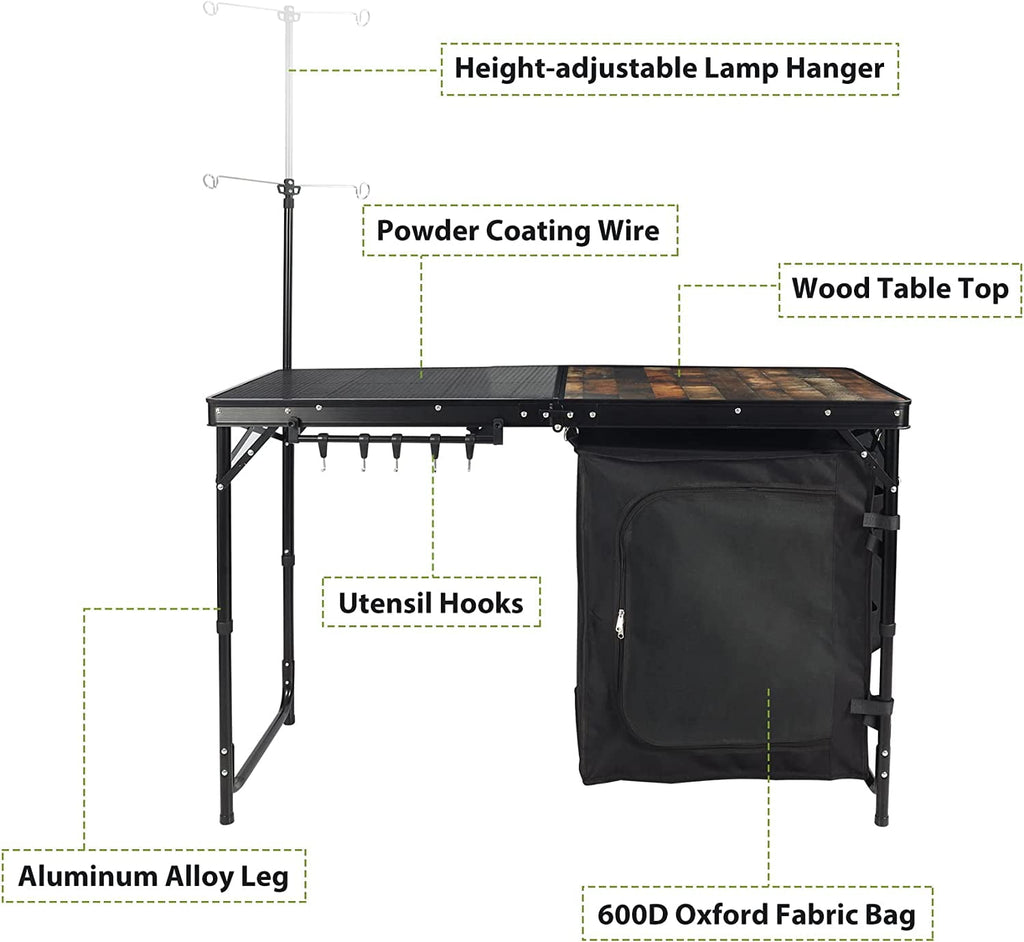 REDCAMP Extra Long Camping Kitchen Tri-Fold Table with Storage Organizer, Folding Camping Cook Station Grill Table Portable for Party Courtyard Picnic