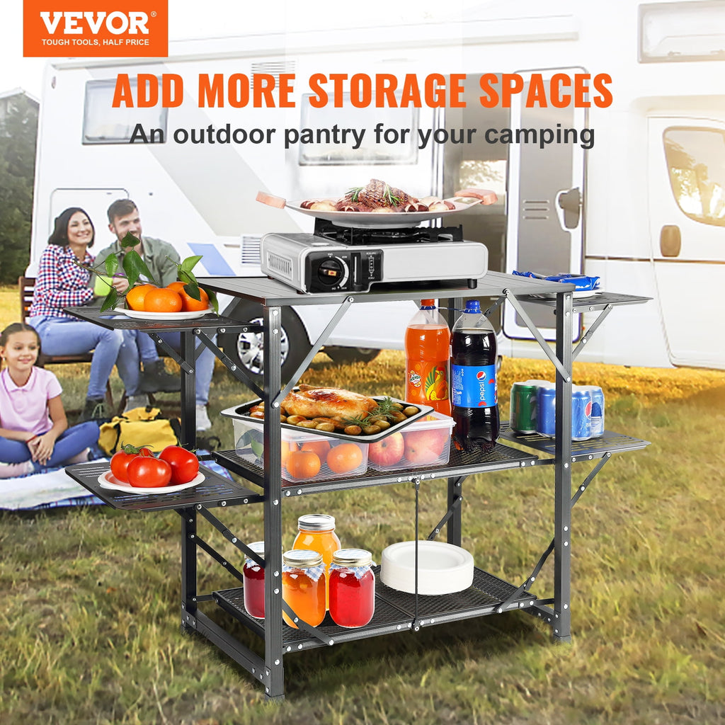 VEVOR Camping Kitchen Table, Quick set-up Folding Camping Table with A Carrying Bag, 3 Adjustable Heights, MDF Camping Table, Ideal for Outdoor Picnics, BBQs, Camping, RV Traveling