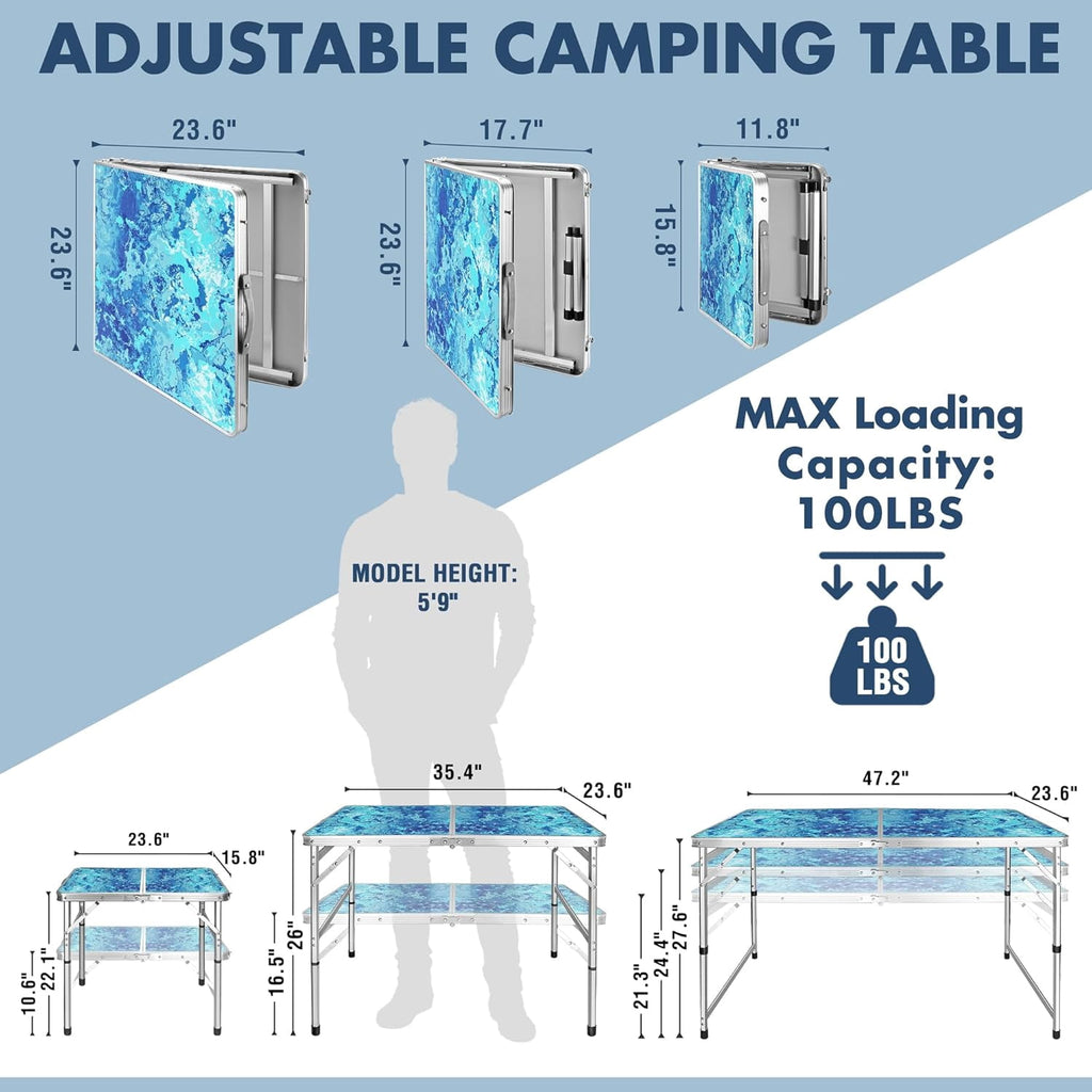 VILLEY Folding Camping Table 2FT, Adjustable Height Portable Aluminum Picnic Table with Carry Handle for Outdoor, BBQ, Beach