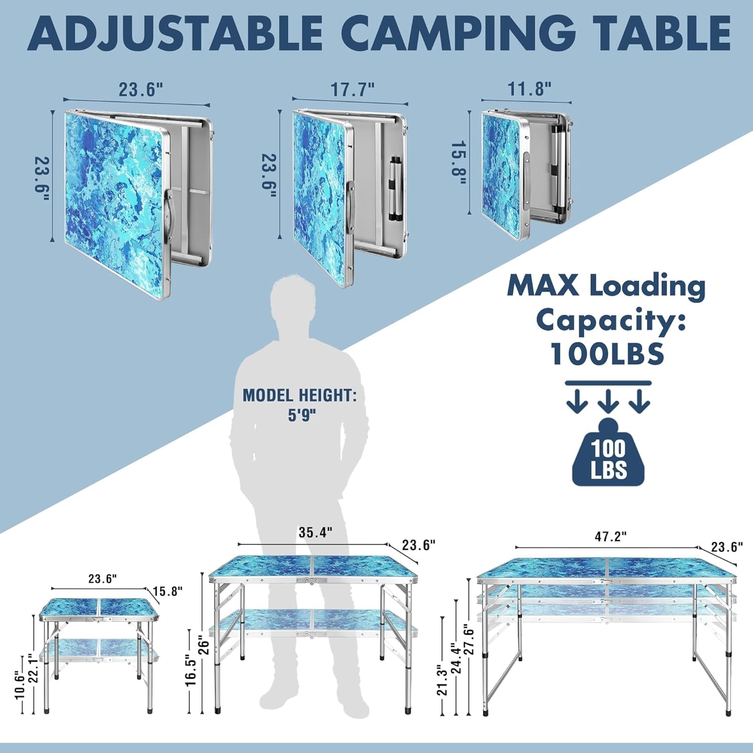 VILLEY Folding Camping Table 2FT, Adjustable Height Portable Aluminum Picnic Table with Carry Handle for Outdoor, BBQ, Beach