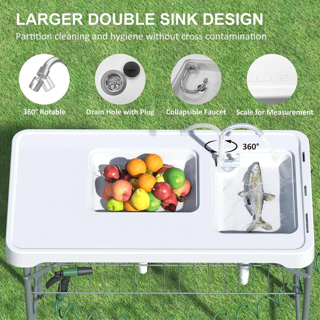 EVOKEDEN 42.5 Fish Cleaning Table w/ Sink, Folding Camping Table & Fish Cleaning Station w/ Measure Mark