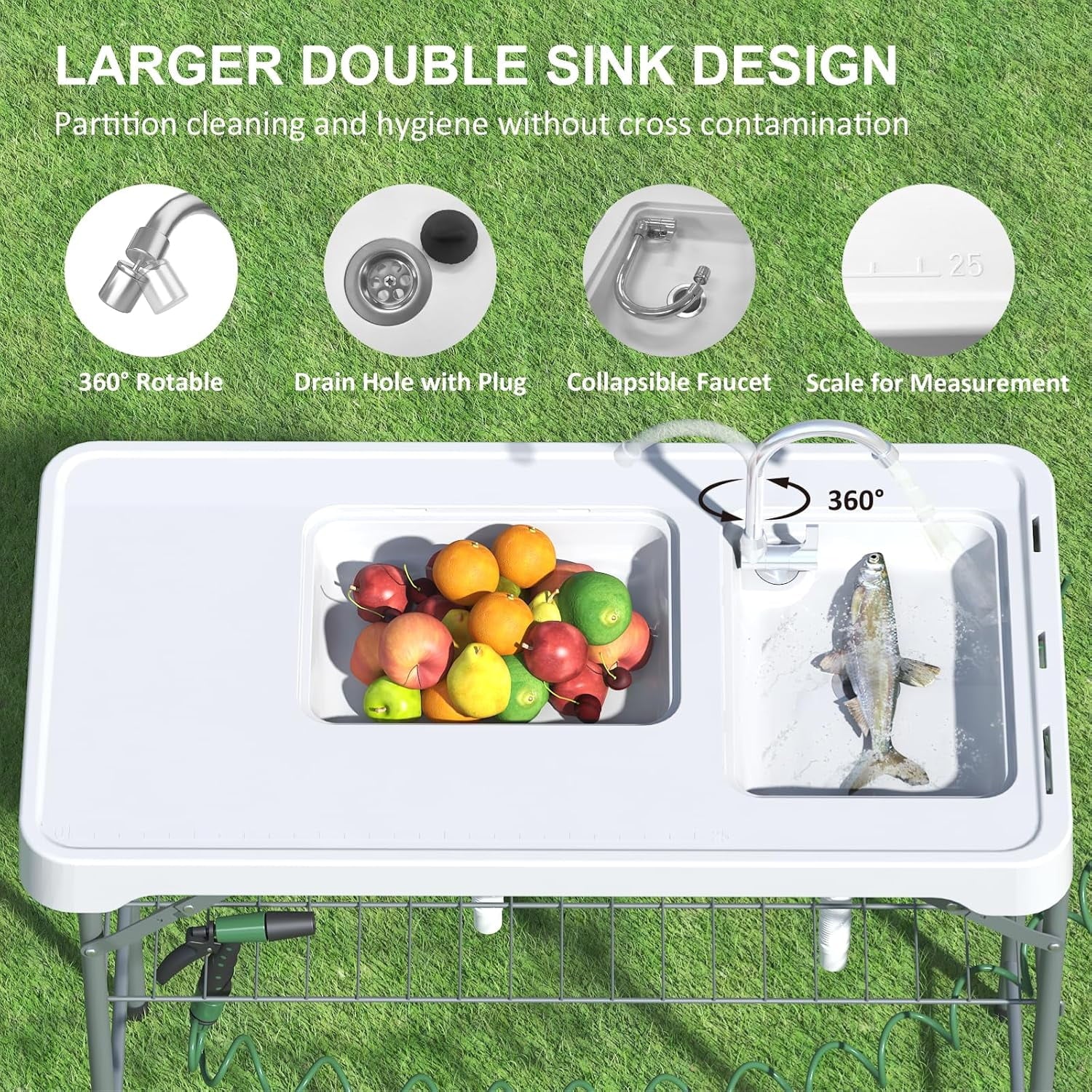 EVOKEDEN 42.5 Fish Cleaning Table w/ Sink, Folding Camping Table & Fish Cleaning Station w/ Measure Mark