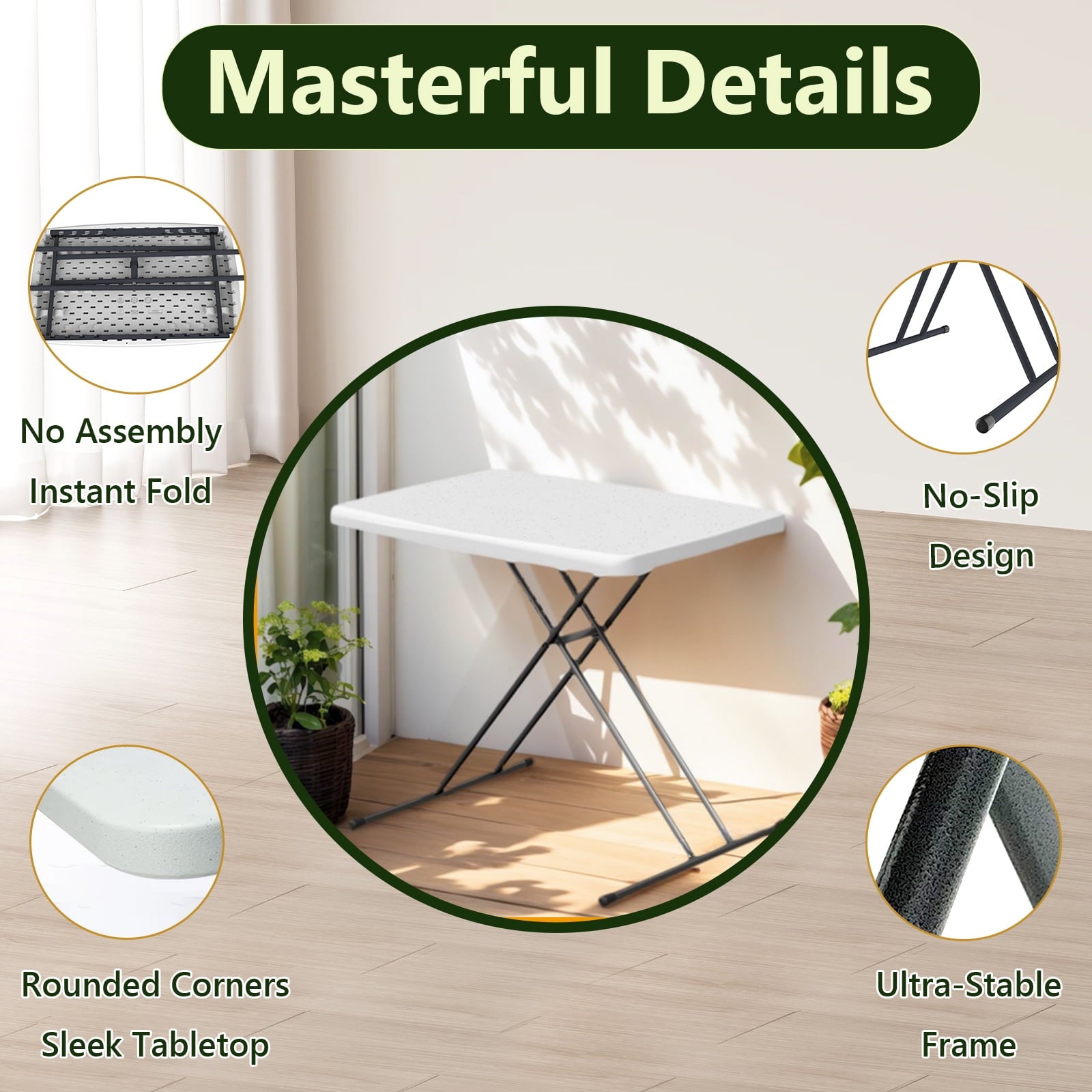 WASUHE 30 Small Folding Table, Height Adjustment Tv Tray Table, Practical Portable Tv Dinner Table for Eating, Sofa, Indoor/Outdoor, White